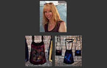 Sue's extraordinary rayon and velvet handbags are distinctive,
	artistic, and one-of-a-kind creations. Each one resembles a painting made with velvet colors,
	rich tones, and charms or vintage buttons added for finishing touches. Not only beautiful,
	they are durable, spot resistant, fully lined, with reinforced bottoms and straps.
	Internal pockets inside too. You'll carry yours for years.  <br/>
	Contact her at: Portland Saturday Market (Saturdays and Sundays) in Waterfront Park.